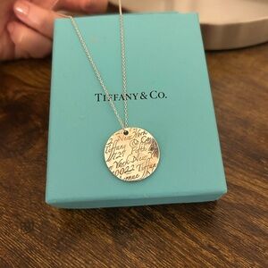 Tiffany & Co. Silver New York Script Engraved Round Pendant Necklace